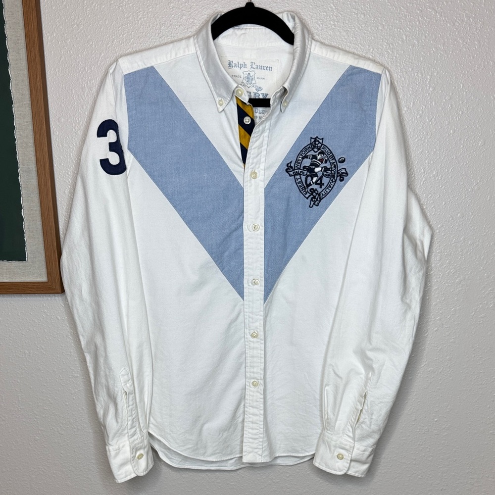 Ralph Lauren White Button-Down Shirt with Light Blue Chevron and Navy Details